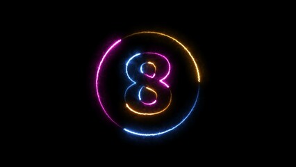 Neon digital number eight with alpha channel, neon sign illustration.