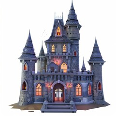 Obraz premium 3D Render, Low Poly style of a haunted castle with eerie details, on isolated white background, Generative AI