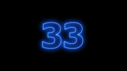 Digital Blue color neon number thirty-three with alpha channel, neon sign illustration.