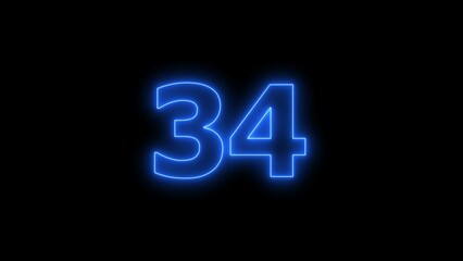 Digital Blue color neon number thirty-four with alpha channel, neon sign illustration.