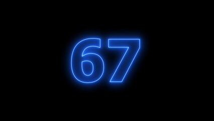 Digital Blue color neon number sixty-seven with alpha channel, neon sign illustration.