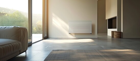 Obraz premium Contemporary radiator displayed on the living room floor with a blank space for images. Copy space image. Place for adding text and design