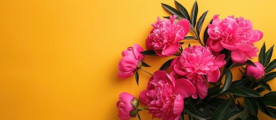 Top view flat lay of gorgeous pink peonies on a sunny yellow backdrop, featuring a spacious area for additional content in the image, like copy.