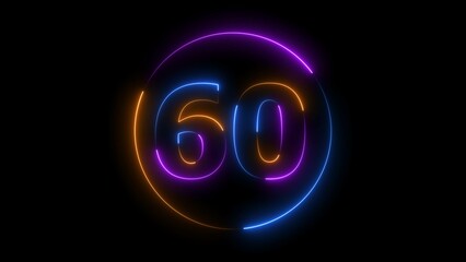 Neon digital number sixty with alpha channel, neon sign illustration.