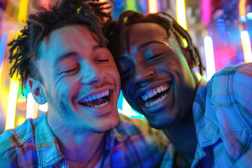 Obraz premium In the midst of colorful neon lights, two close friends are captured enjoying a lively moment, symbolizing joy and unity, at a vibrant event