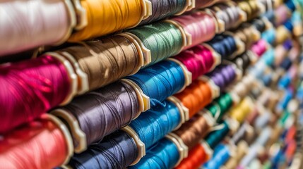Thread spools background. Various colors sewing kit. Collection of threads. Vibrant vivid colors. Sew threads. Colorful hobby background. Tailor shop texture
