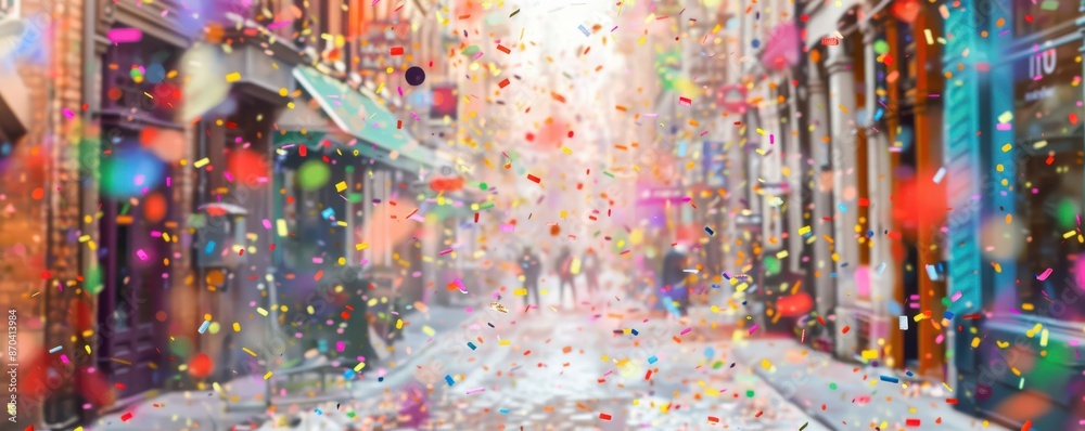 Wall mural Street scene filled with colorful confetti. Festive and lively atmosphere in an urban setting.