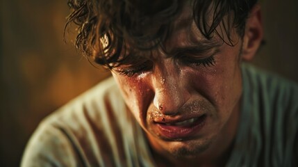 Obraz premium Emotional portrait of a young man crying, expressing sadness and vulnerability. Close-up shot highlighting raw human emotion.