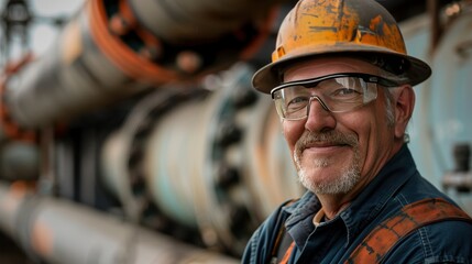 Portrait of a smiling senior industrial worker wearing a hard hat and safety glasses in a factory setting with machinery in the background.