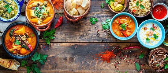 A table is adorned with various food and soup bowls, forming a vibrant and enticing array with copy space image.