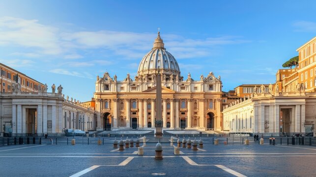 Early morning photo of St. Peter's Basilica, Vatican City, showcasing the detailed architecture and clear blue sky.