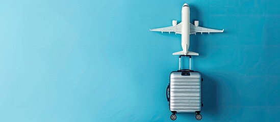 A mini plane and suitcase on blue backdrop symbolize travel readiness, tourism, airlines, affordable flights, and packing with a top-down view for a copy space image.