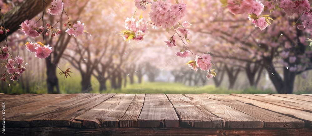 Poster Rustic wooden table set against a backdrop of blooming cherry blossom tree in spring, ideal for product display and picnic concept with copy space image.