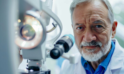 In a modern laboratory setting, a senior medical professional with white hair and a beard, wearing glasses and a lab coat, carefully examines a sample through a hightech microscope
