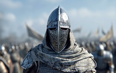 Medieval knight in full armor standing on a battlefield with other soldiers, ready for battle under a cloudy sky.