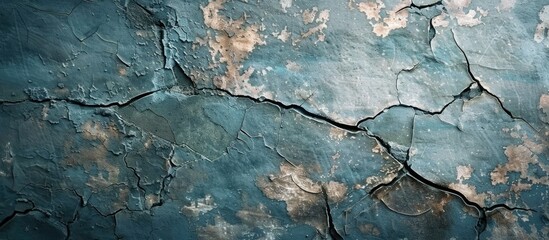 Fototapeta premium A weathered, vintage cracked dark gray cement wall with a retro blue plaster color design and fractures, creating room for text or images. Copy space image. Place for adding text and design