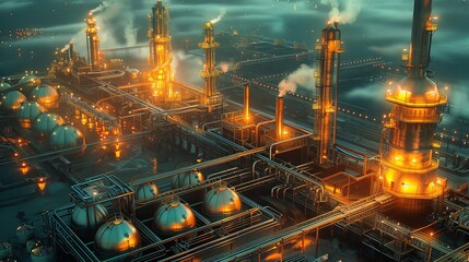 Oil refineries and chemical plants in industrial areas.