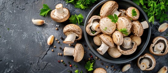A delightful Italian dish featuring Amanita Caesarea mushrooms, known as Caesar's mushrooms, presented in a top-down view with copy space for added aesthetic appeal.