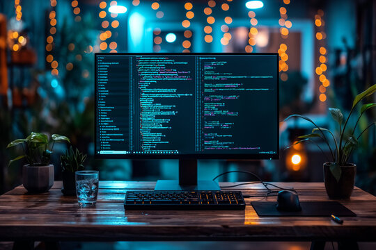 A computer monitor is lit up with a black screen and a green background