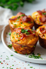 A plate of mini muffins with bacon and parsley on top