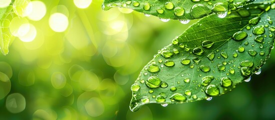 Silhouettes of dew on a leaf with a green background create a serene copy space image.
