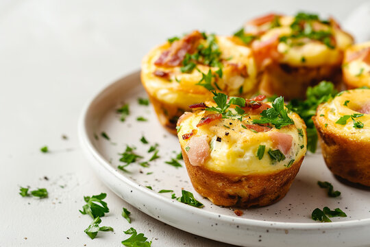 A plate of four mini quiches with bacon and parsley on top