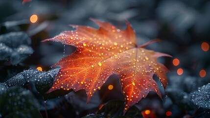 Bright maple leaf with circuit-like veins, light mist in the morning