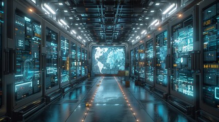 Futuristic Data Center with Digital World Map Display - Generative AI