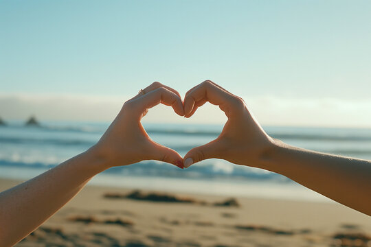 Two hands holding a heart on a beach - Powered by Adobe