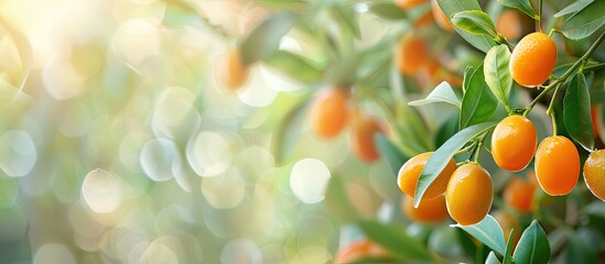 Close-up image of a kumquat tree with ripe fruits outdoors, providing space for adding text. Copy space image. Place for adding text and design