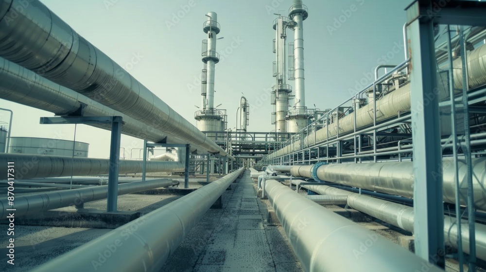 Poster a long, narrow walkway between rows of large pipelines leads toward towering structures at an indust
