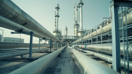 Obraz premium A long, narrow walkway between rows of large pipelines leads toward towering structures at an industrial refinery