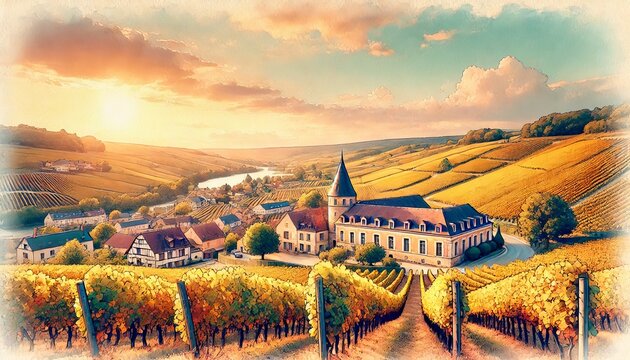 Autumn landscape in Burgundy, France, with golden vineyards, stone winery and rolling hills.jpeg