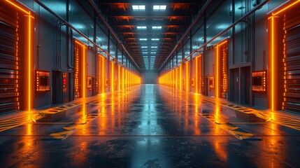 Futuristic Industrial Warehouse with Neon Lights - Generative AI