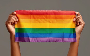 Hands holding a rainbow flag against a plain background, representing LGBTQ+ pride, inclusivity, and diversity in a powerful, simple image.