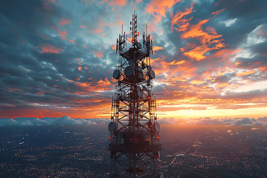 3d base station receiver. telecommunication tower 6g. polygonal design global connection information transmitter. Mobile radio antenna cellular ,sound wave	
