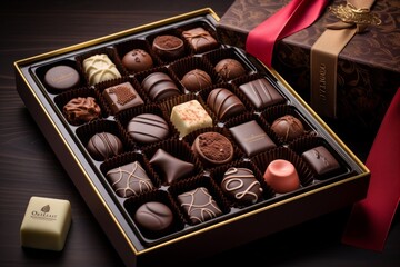 In a decadent display of indulgence, a box of assorted chocolates tempts the senses with its rich variety of flavors, from creamy milk to velvety dark, and delicate white