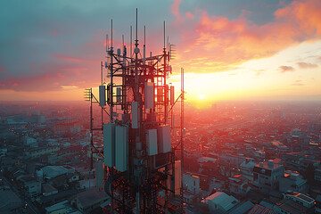 3d base station receiver. telecommunication tower 6g. polygonal design global connection information transmitter. Mobile radio antenna cellular ,sound wave	
