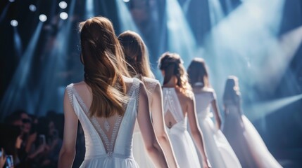 A line of models walks the runway in elegant white gowns under bright stage lights, showcasing the latest fashion trends