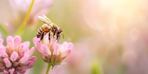 Macro shot of bee pollinating flower showcasing importance of pollinators. Concept Nature Photography, Macro Photography, Pollinators, Bees, Flowers