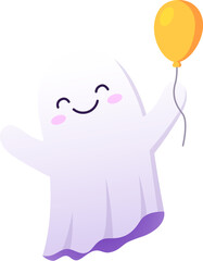 Halloween kawaii ghost character hold yellow balloon. Cartoon cute vector spook personage celebrating party with adorable smile, radiating charm and innocence with its playful and endearing presence