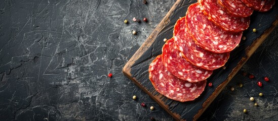 Sliced traditional salami on a cutting board, captured from above on a dark slate table with ample copy space image.