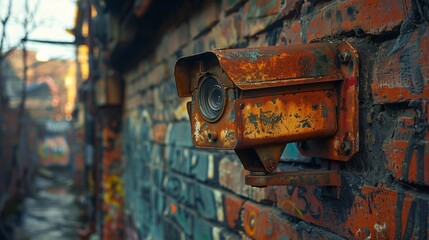 Rusty Surveillance Camera on Brick Wall - Generative AI