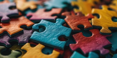 A pile of colorful puzzle pieces on a table. The colors are bright and vibrant, creating a cheerful and playful mood. The puzzle pieces are scattered in various sizes and orientations