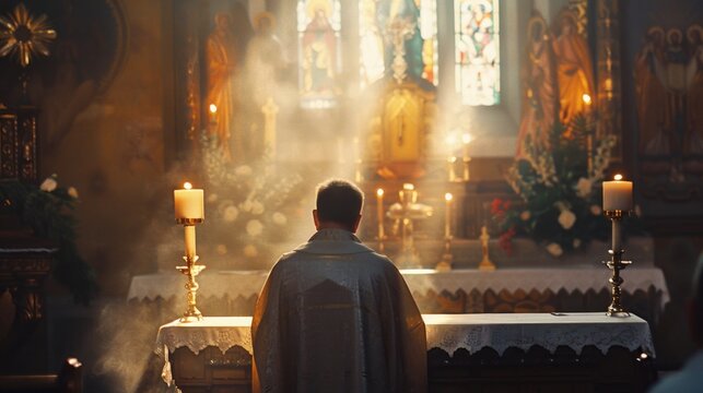 A man in a robe stands in front of a church altar with candles lit. The atmosphere is solemn and peaceful, with the man likely preparing for a religious ceremony or prayer - Powered by Adobe