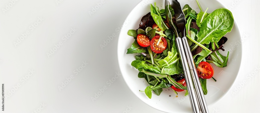 Poster Utilize tongs to hold salad on a white backdrop for a copy space image.