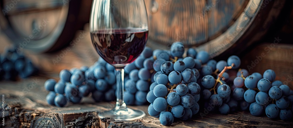 Poster Close-up shot of red grapes in a rustic winery setting with a wine glass and a bunch of fresh blue grapes, all on a wooden plank, providing copy space image.