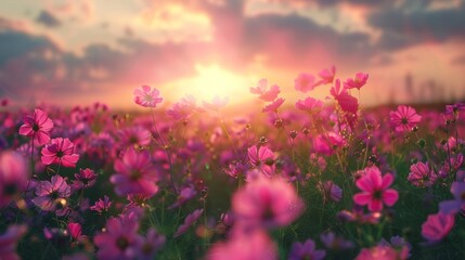Obraz premium Pink Cosmos Field at Sunset