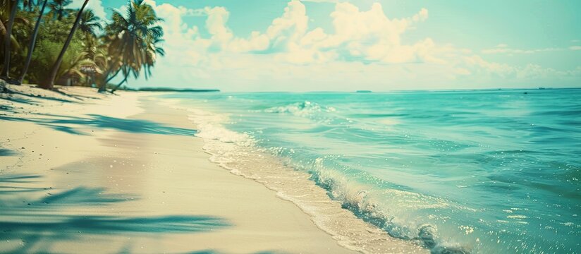 Copy space image of a vintage blue-toned blurred tropical beach background, creating a summer vibe for a travel and adventure concept.