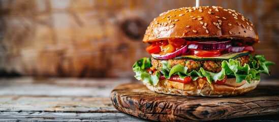 Copy space image showcasing a vegan zucchini burger with fresh ingredients, set against a rustic wood backdrop.